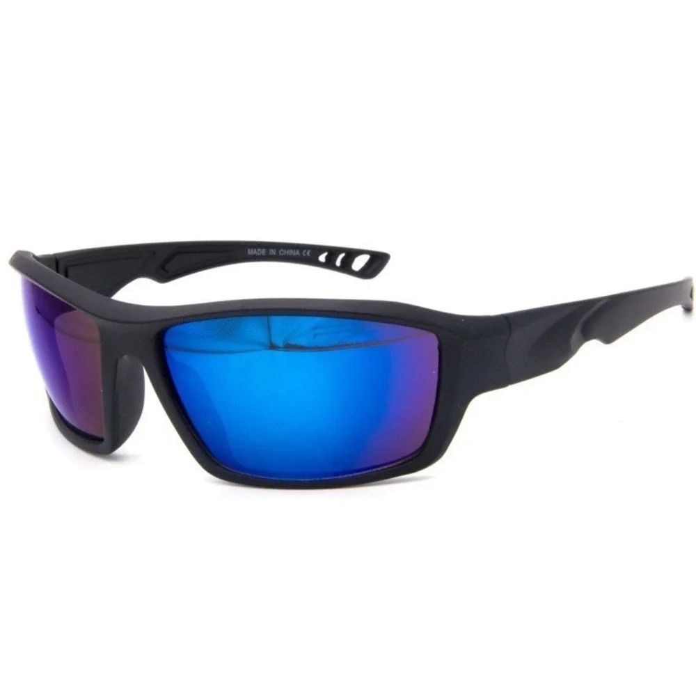 Mens Black Sport Wrap Sunglasses Blue Mirrored Lenses Vibrant Sleek Lentes Gafas